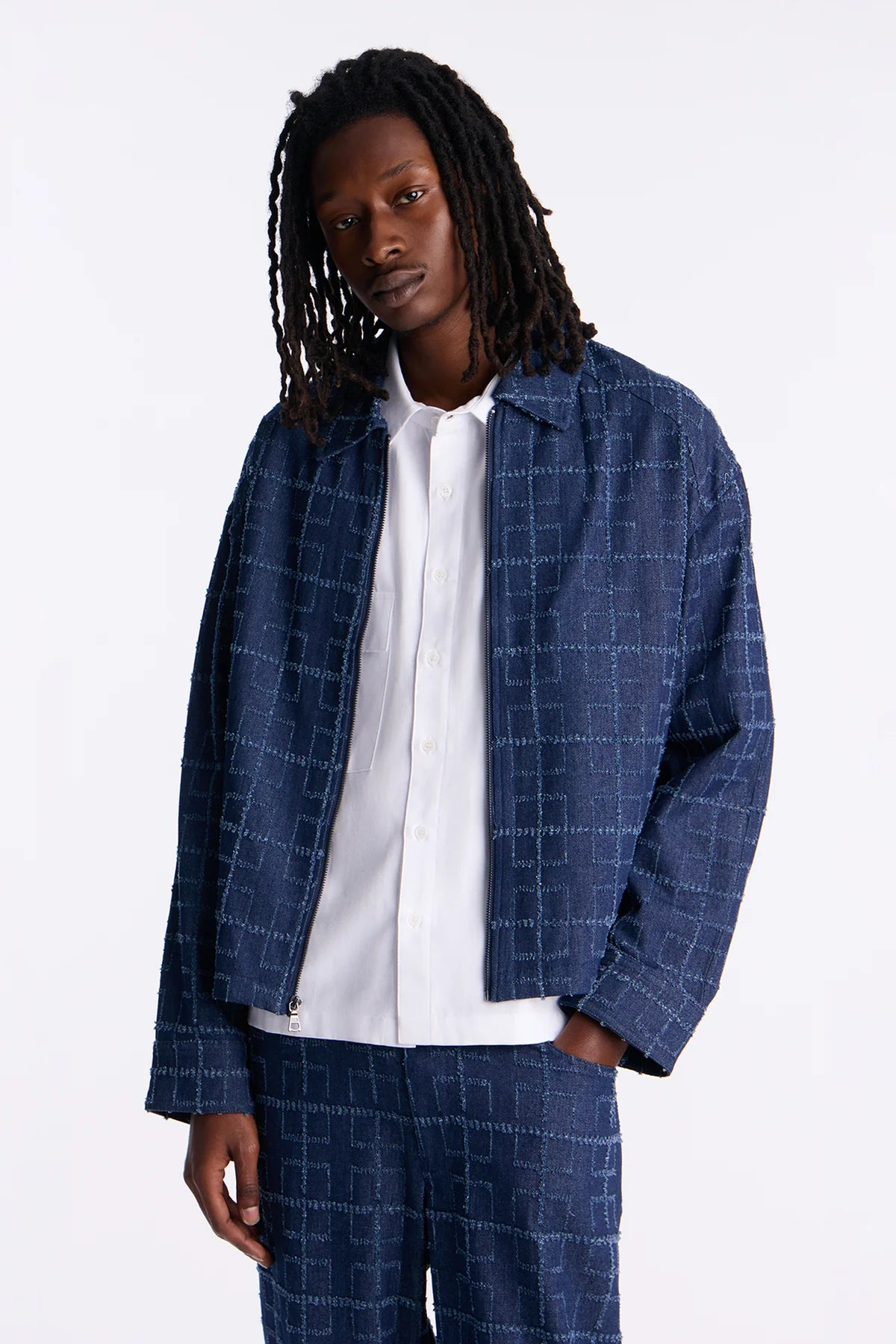 Cropped Window Pane Fray Denim Work Jacket