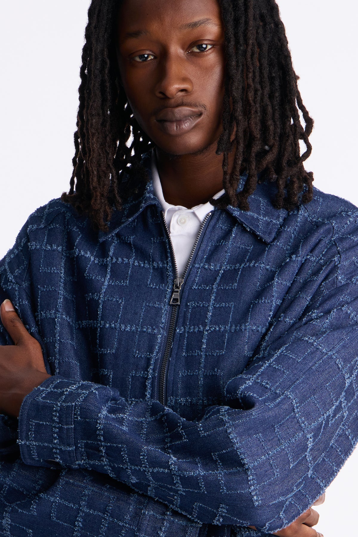 Cropped Window Pane Fray Denim Work Jacket