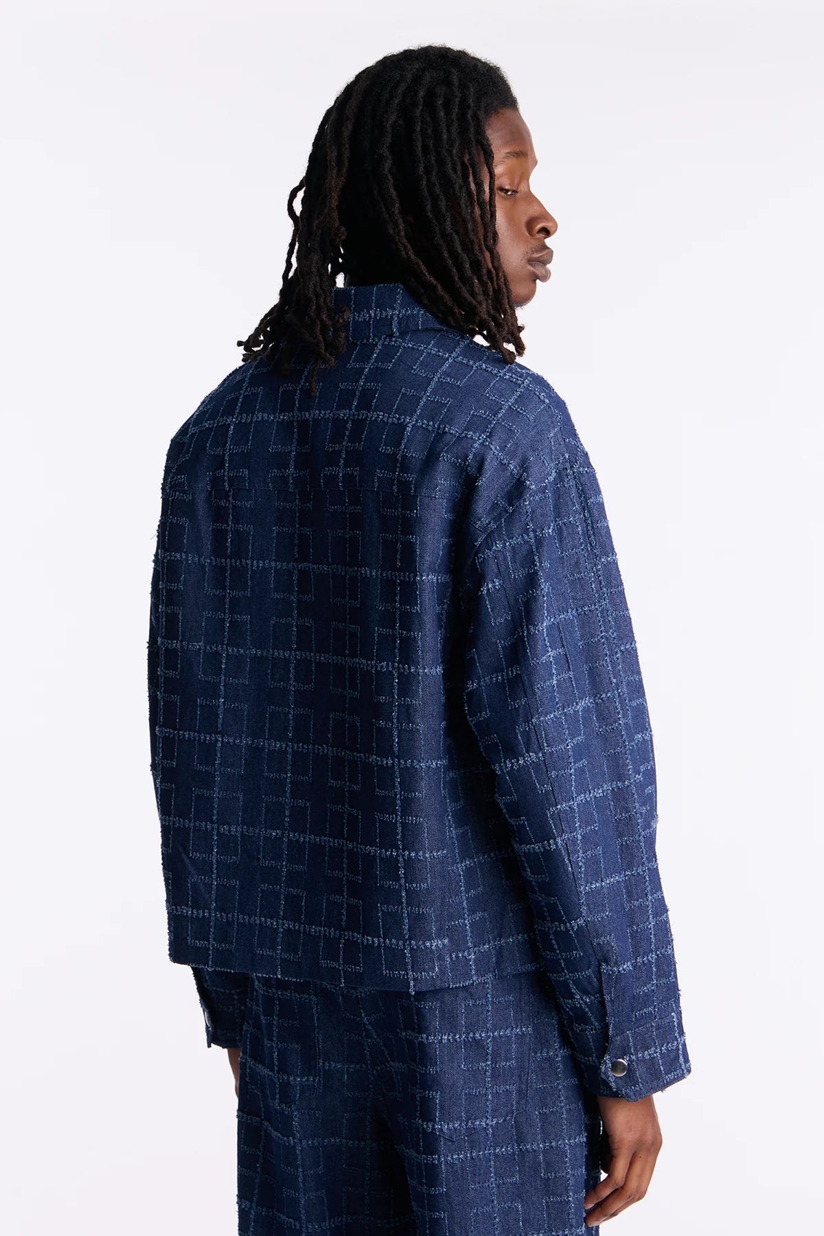 Cropped Window Pane Fray Denim Work Jacket