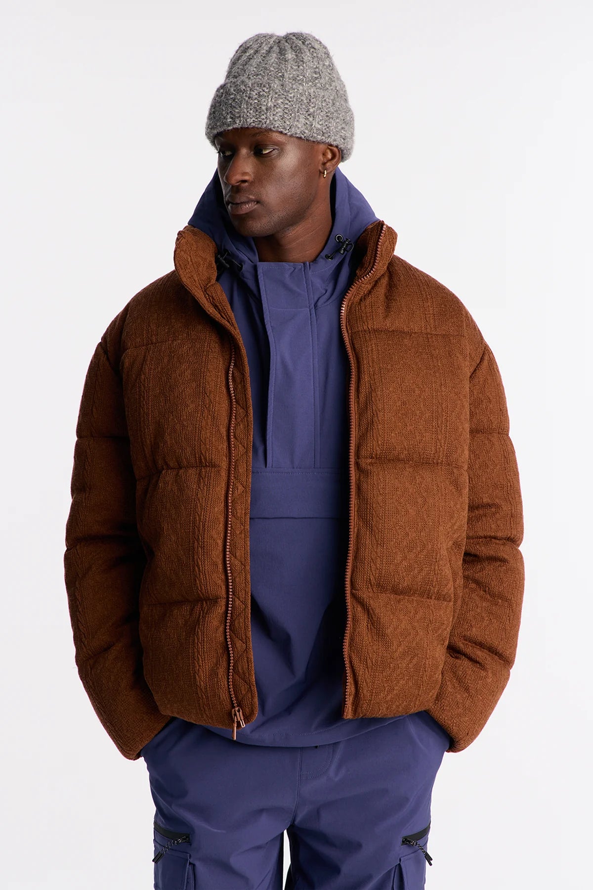 Textured Cable Knit Cabin Puffer Jacket