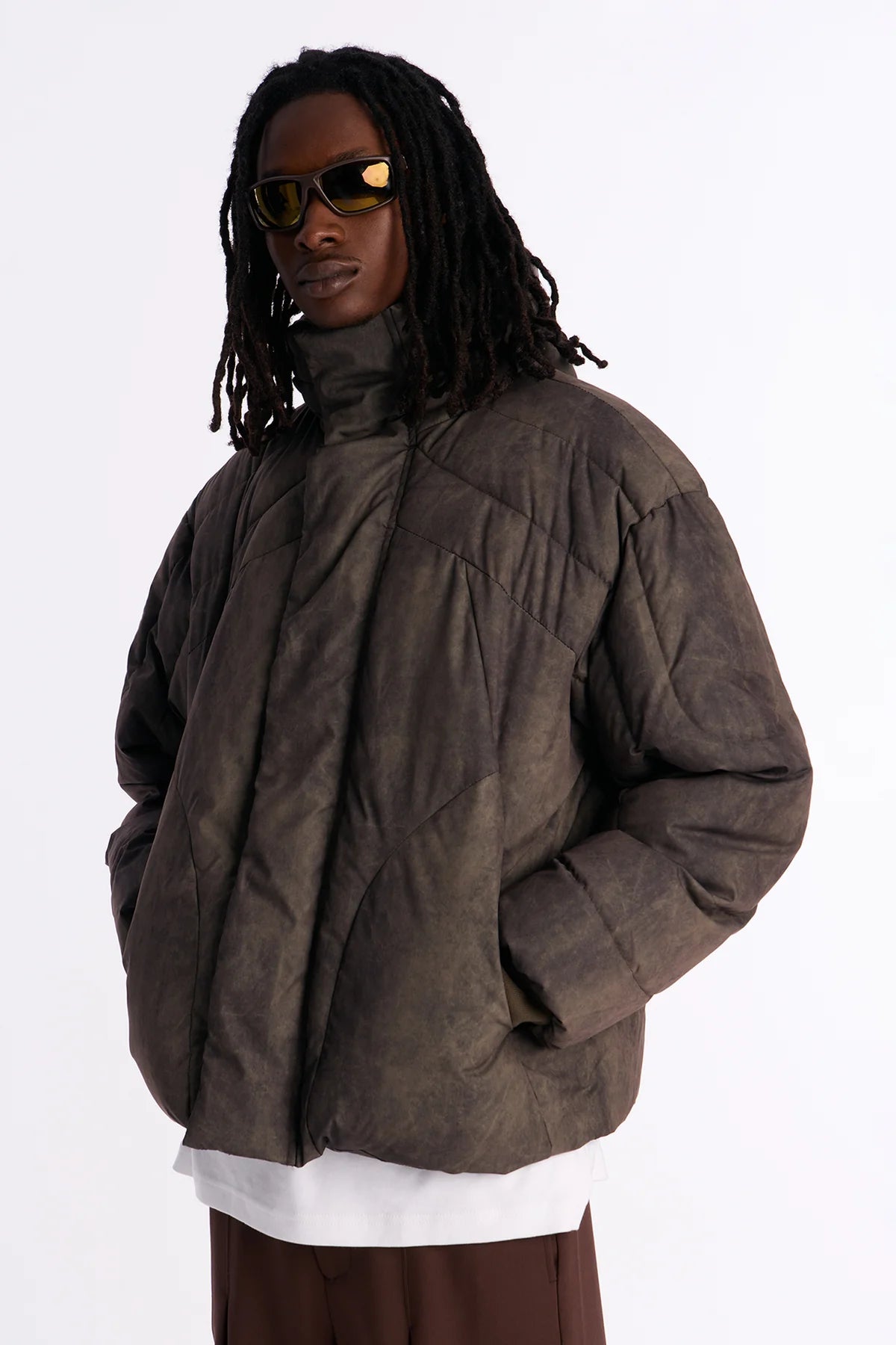 Oversized Hooded Spiraling Washed Puffer Jacket