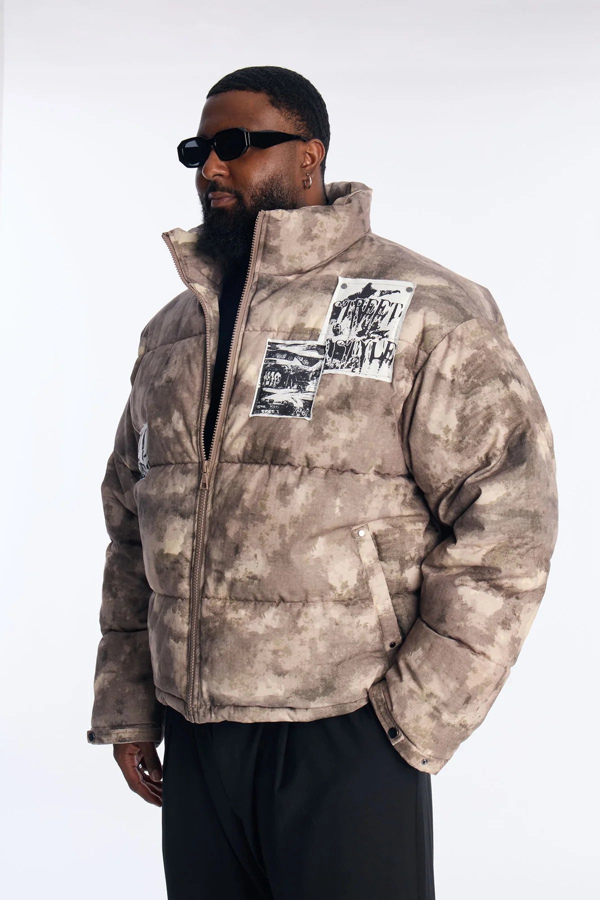 Cropped Camo Rebel Patched Puffer Jacket