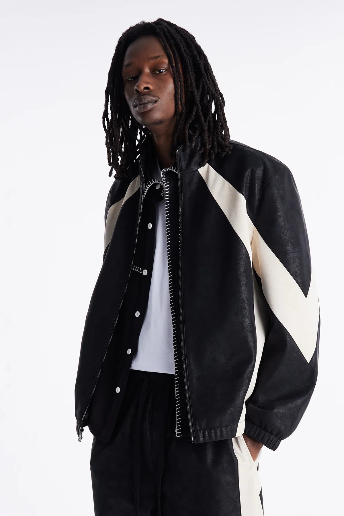 Faux Leather Maze Paneled Track Jacket