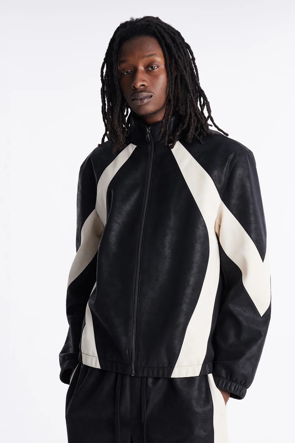 Faux Leather Maze Paneled Track Jacket