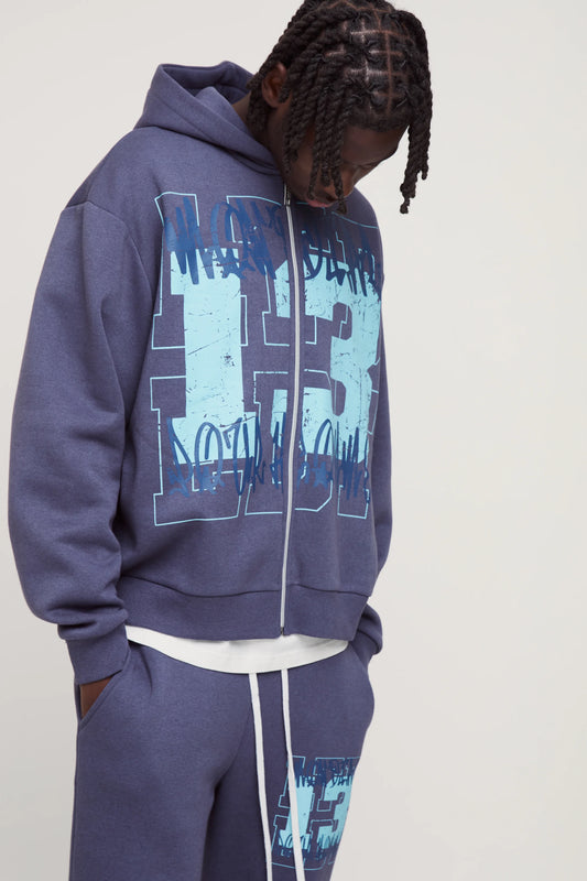 Oversized Boxy Graffiti 13 Varsity Zip Through Hoodie
