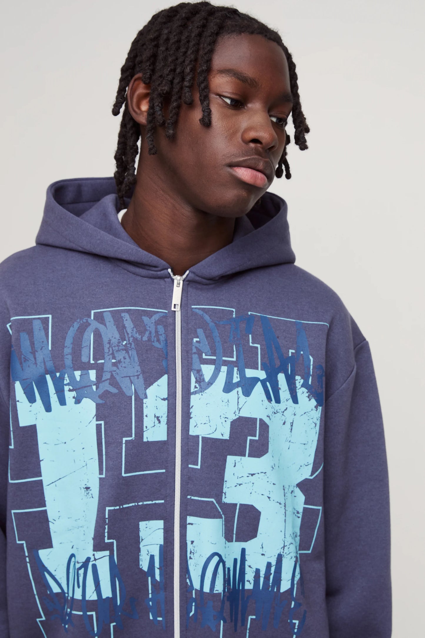 Oversized Boxy Graffiti 13 Varsity Zip Through Hoodie