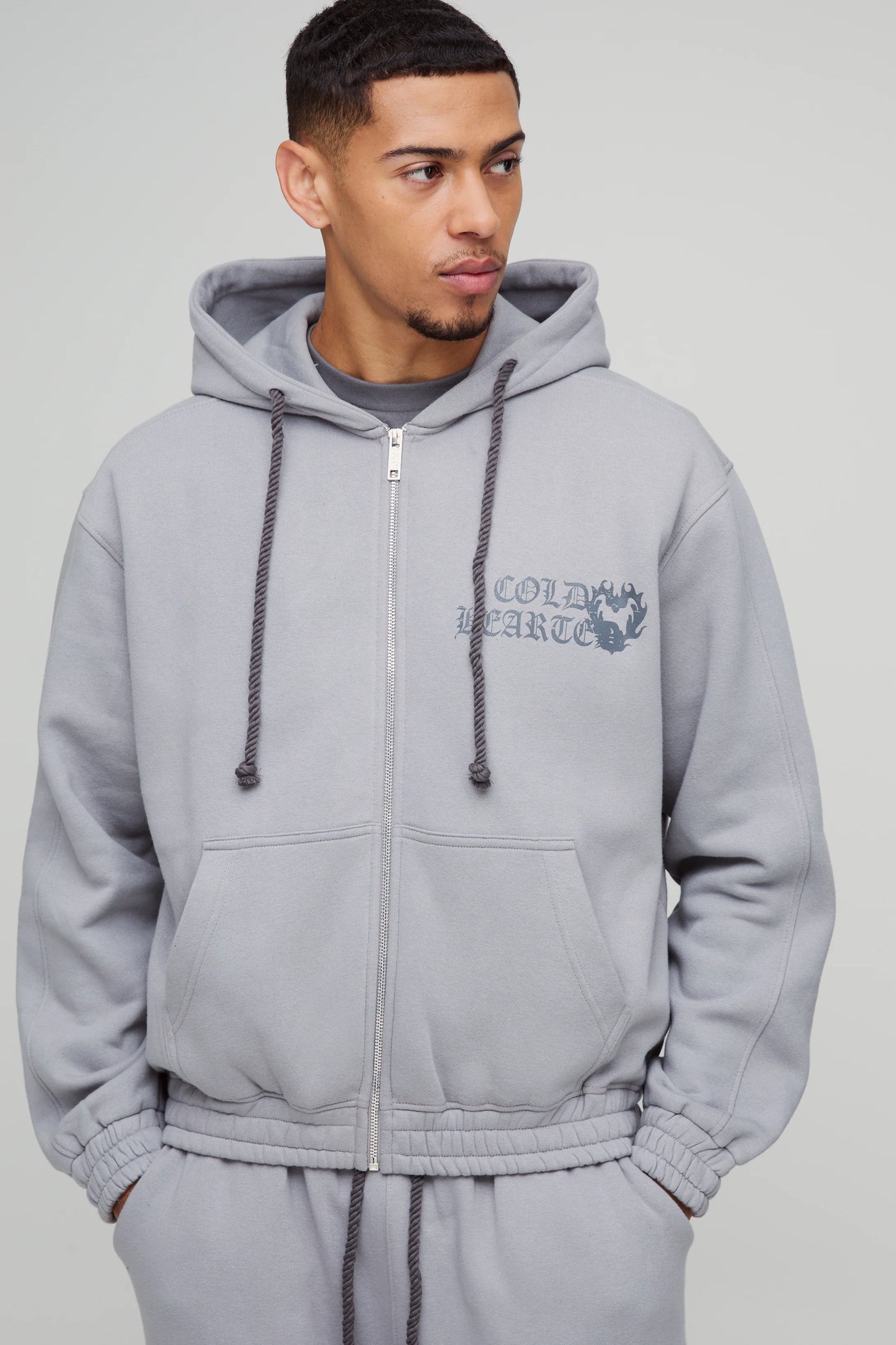 Oversized Boxy Heart Printed Twisted Drawcords Zip Through Hoodie