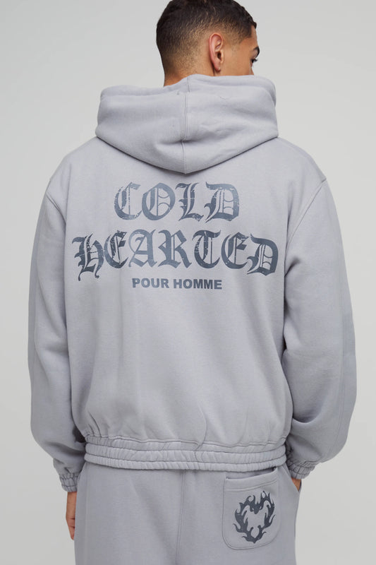 Oversized Boxy Heart Printed Twisted Drawcords Zip Through Hoodie