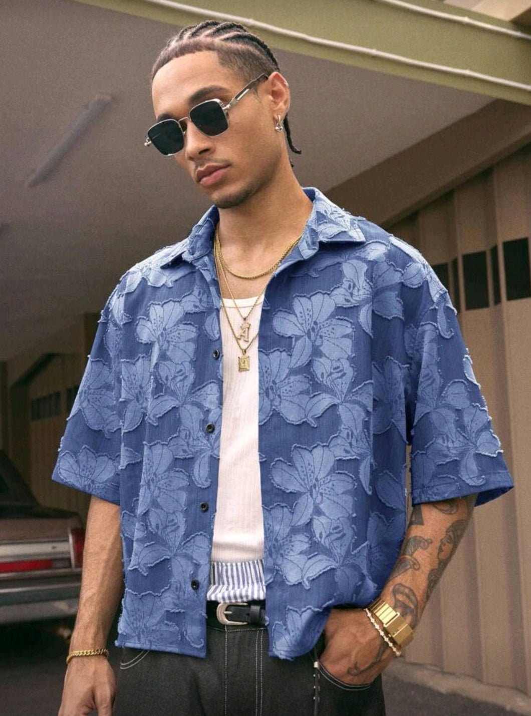 Short Sleeve Loose Fit Men Blue Shirt