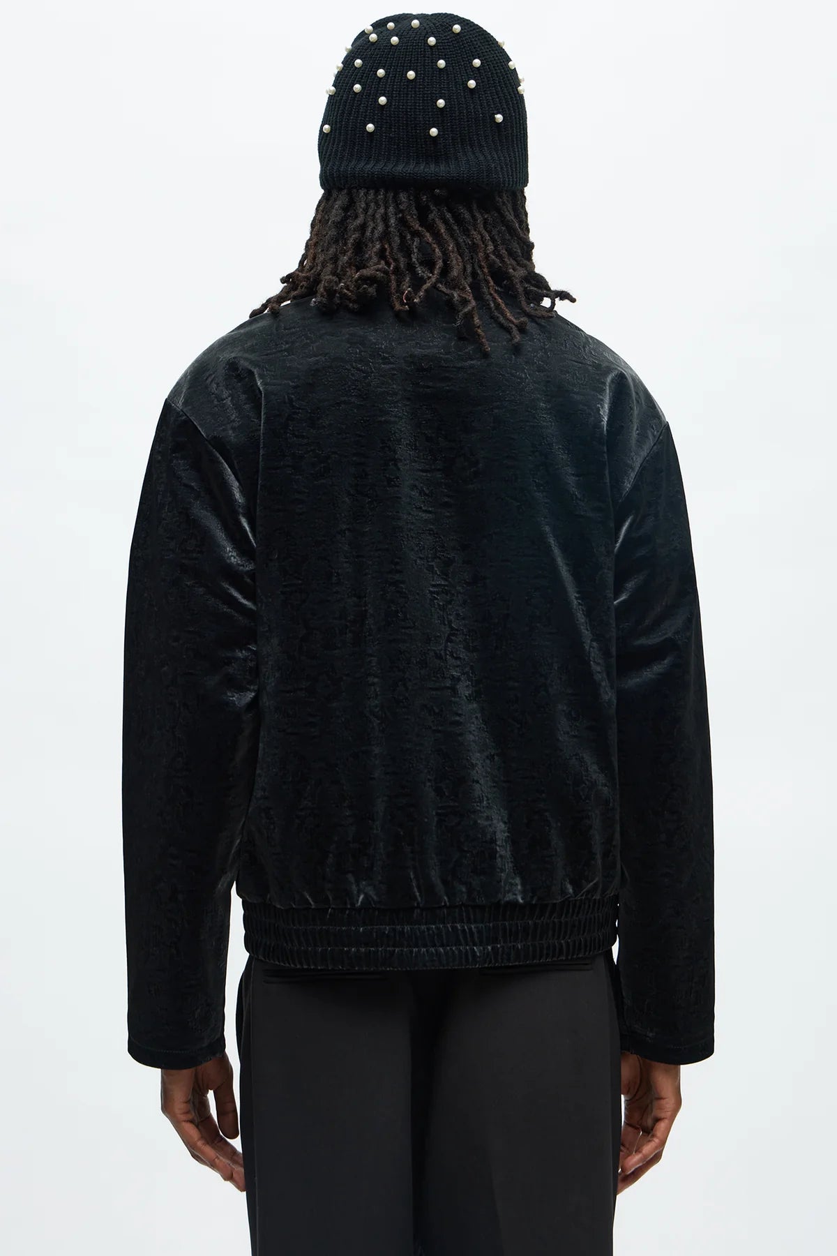 Cropped Coated Padded Faux Leather Bomber Jacket