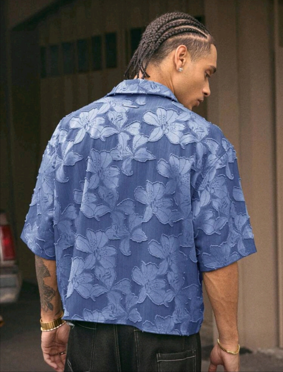 Short Sleeve Loose Fit Men Blue Shirt