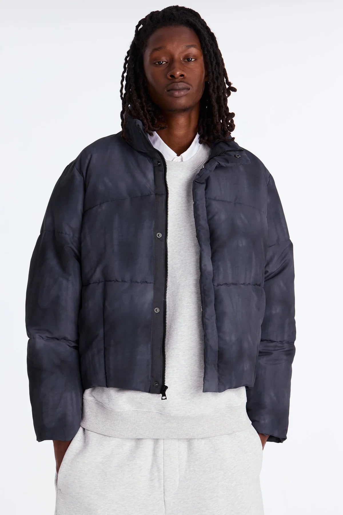 Relaxed Cropped Washed Paneled Quilted Puffer Jacket
