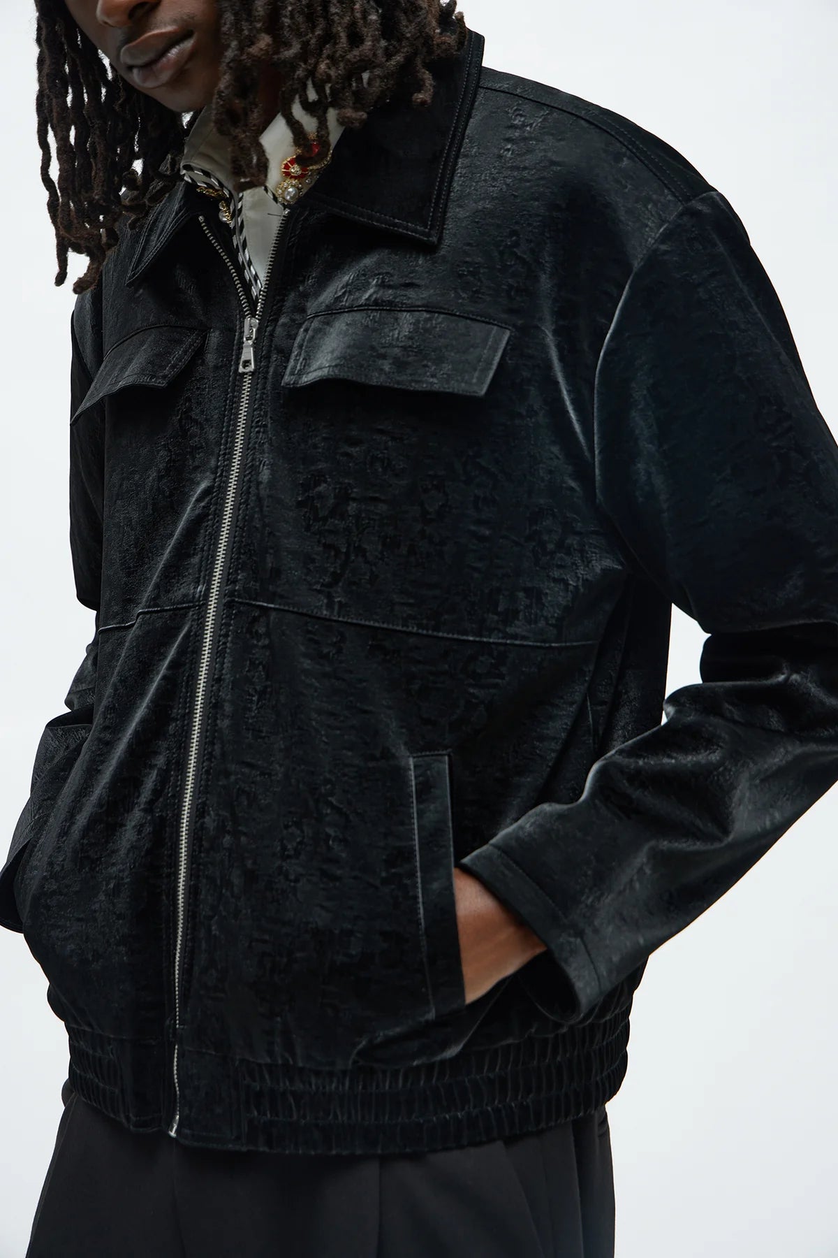 Cropped Coated Padded Faux Leather Bomber Jacket