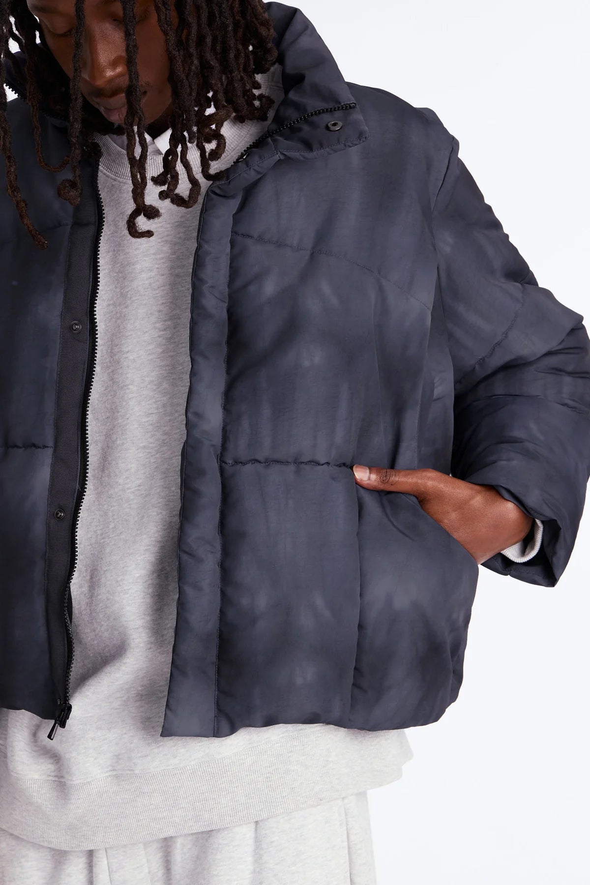 Relaxed Cropped Washed Paneled Quilted Puffer Jacket