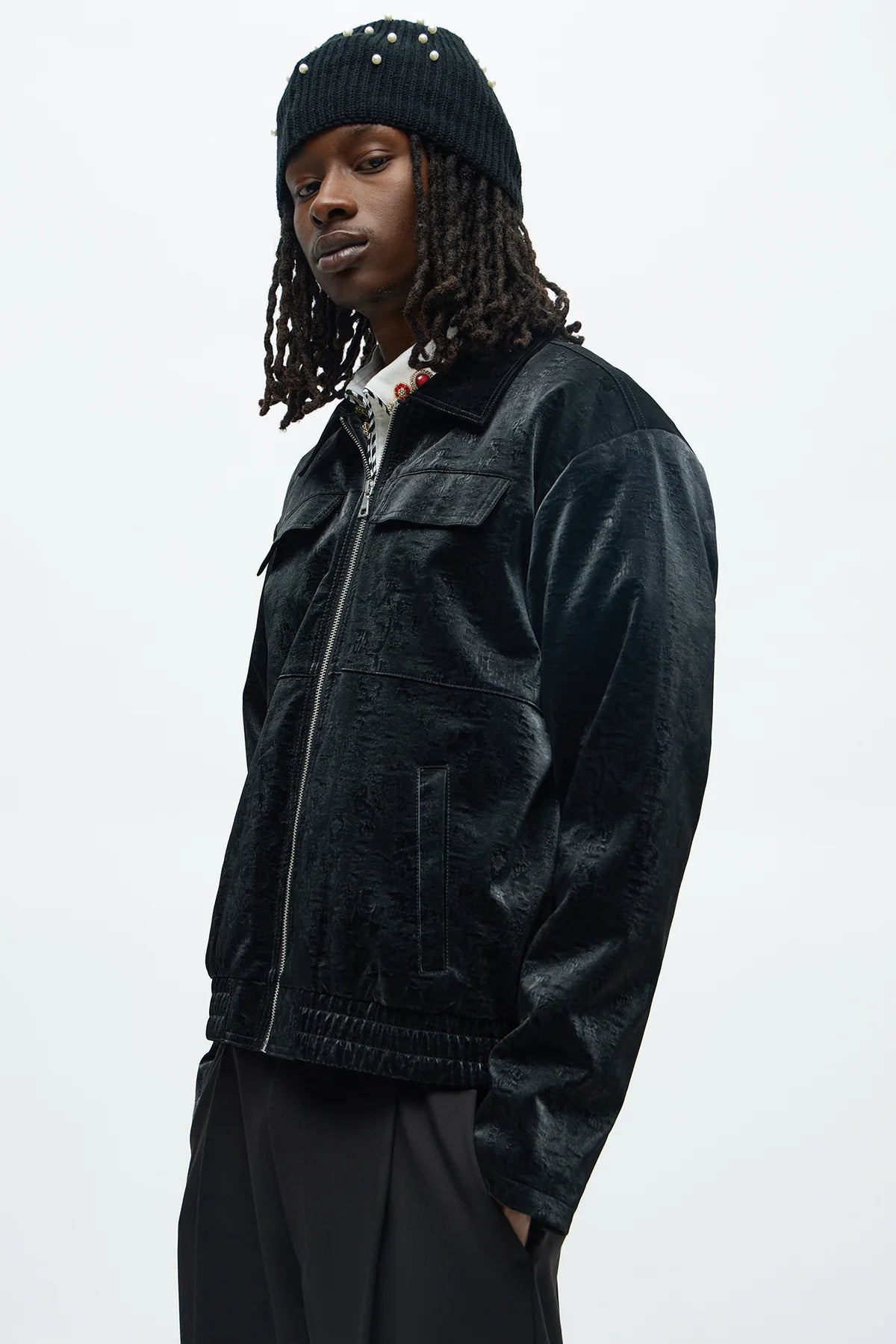 Cropped Coated Padded Faux Leather Bomber Jacket