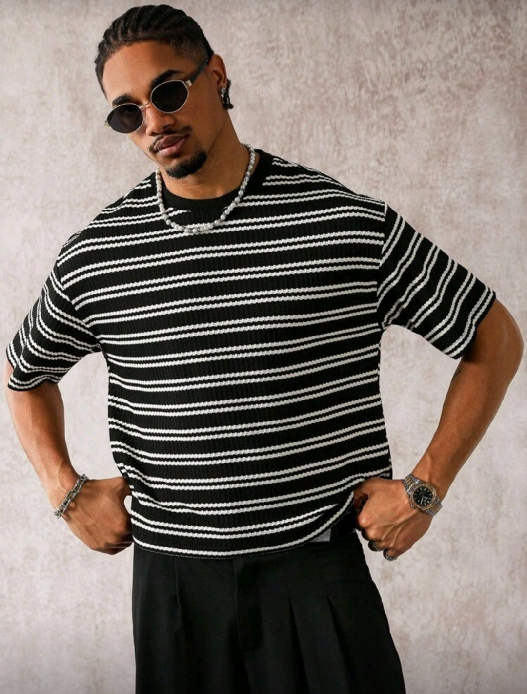 Men's Striped Print Round Neck Short Sleeve Casual Loose T-Shirt