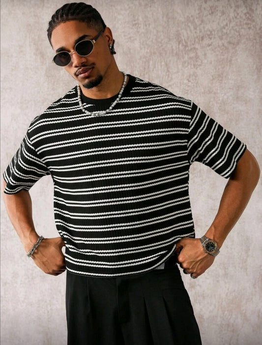 Men's Striped Print Round Neck Short Sleeve Casual Loose T-Shirt