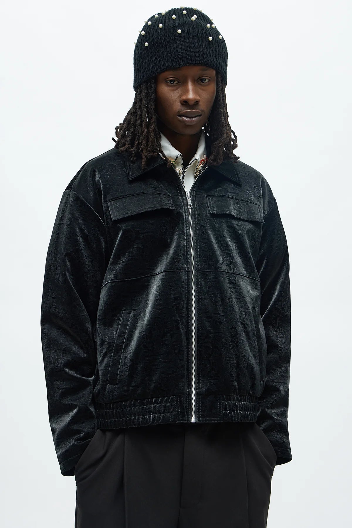 Cropped Coated Padded Faux Leather Bomber Jacket