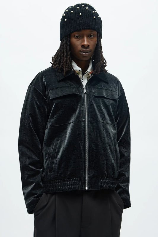 Cropped Coated Padded Faux Leather Bomber Jacket