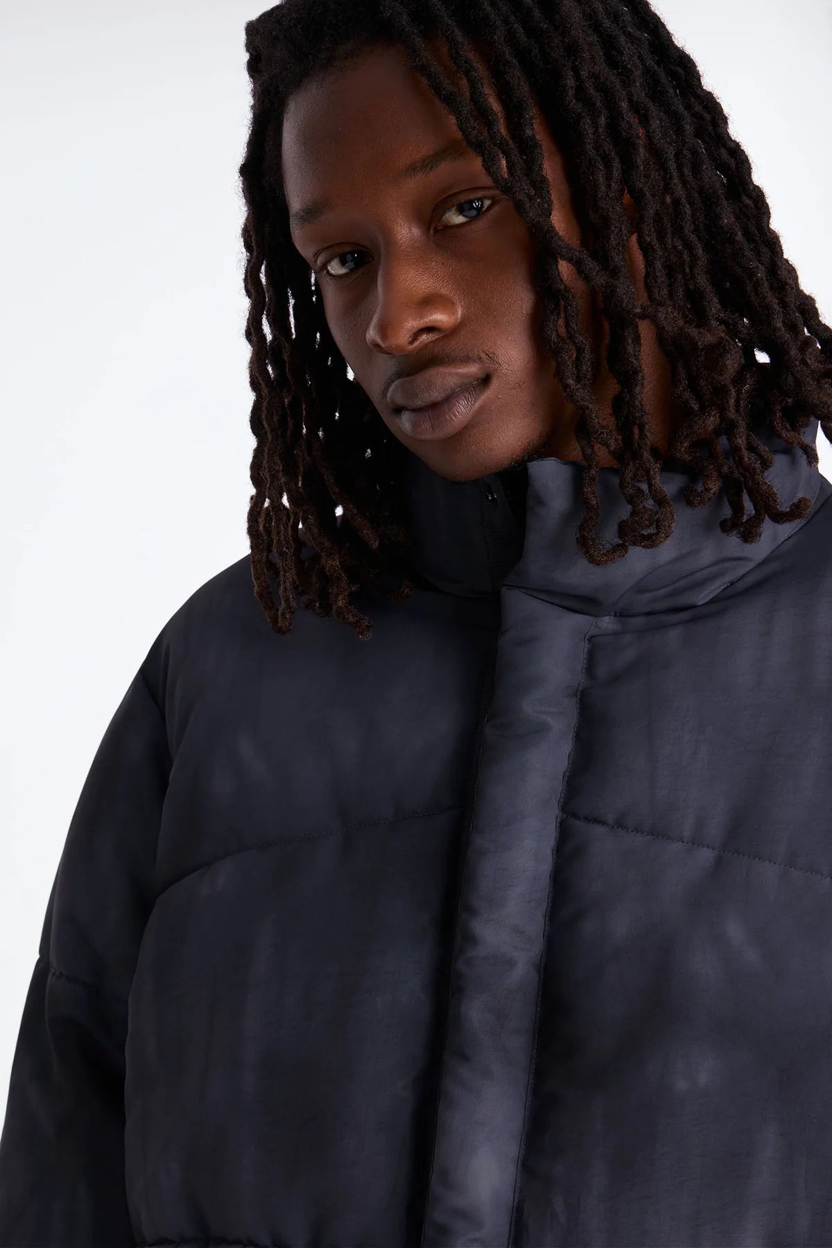Relaxed Cropped Washed Paneled Quilted Puffer Jacket