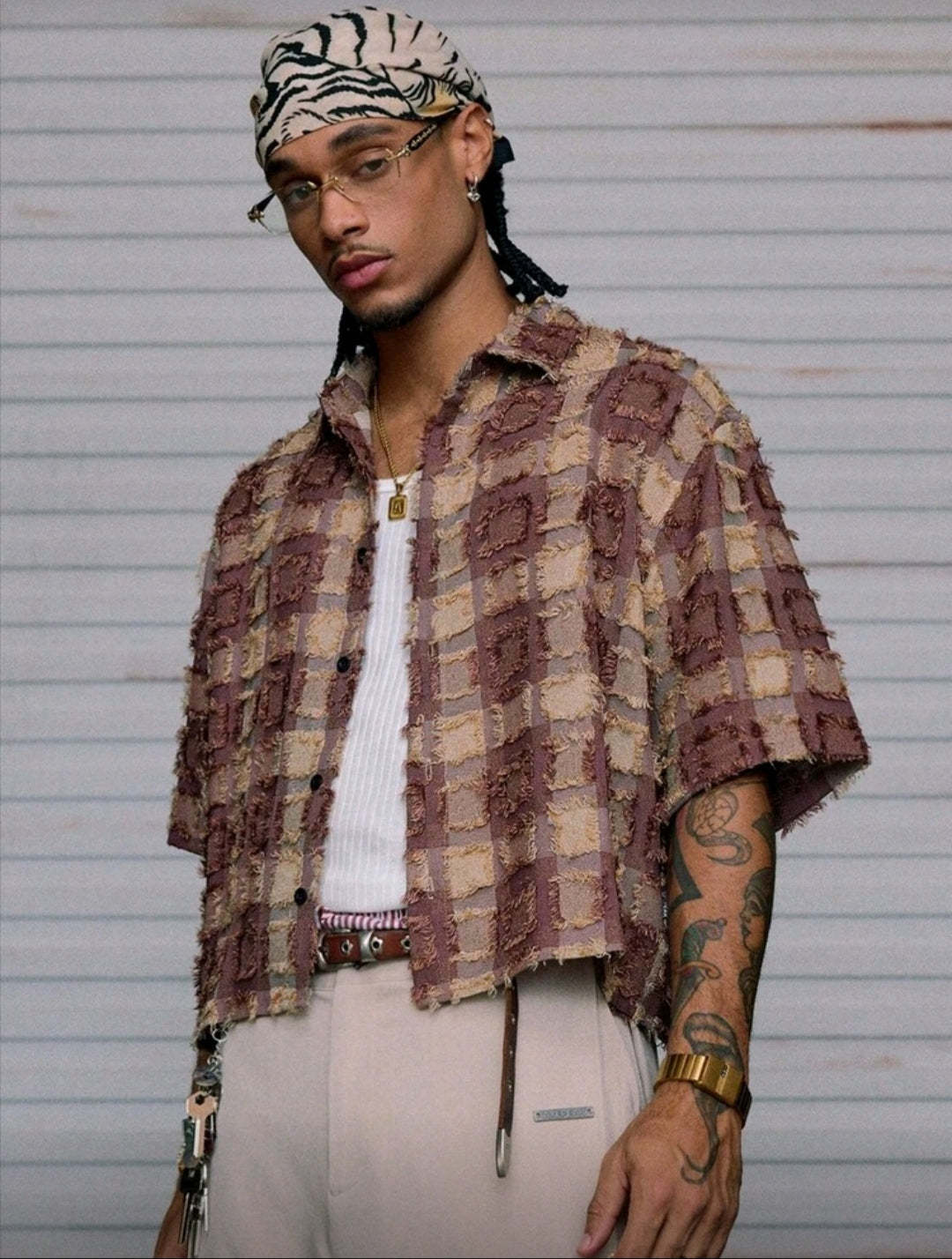 Men's Plaid Woven Short Sleeve Crop Shirt